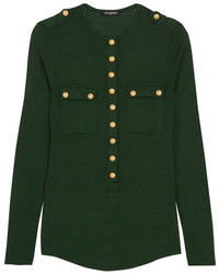 Balmain Button Detailed Wool And Silk Blend Jersey Top Green
