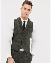 ASOS DESIGN Slim Suit Waistcoat In 100% Wool Harris Tweed Khaki Micro Check