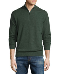 Neiman Marcus Cashmere Zip Neck Sweater Olive