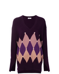Dark Purple Argyle V-neck Sweater