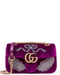 Gucci Gg Marmont Small Embellished Velvet Shoulder Bag Plum