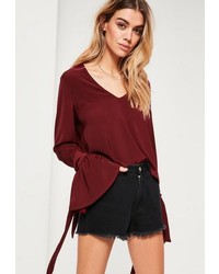 Missguided Purple V Neck Tie Cuff Trumpet Sleeve Blouse