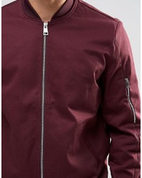 Asos Brand Bomber Jacket With Sleeve Zip In Burgundy