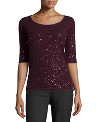 Neiman Marcus Cashmere Collection Half Sleeve Sequin Cashmere Sweater