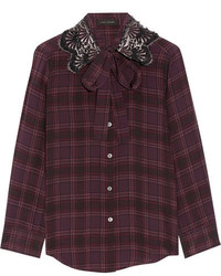Marc Jacobs Pussy Bow Embellished Checked Silk Blouse Plum