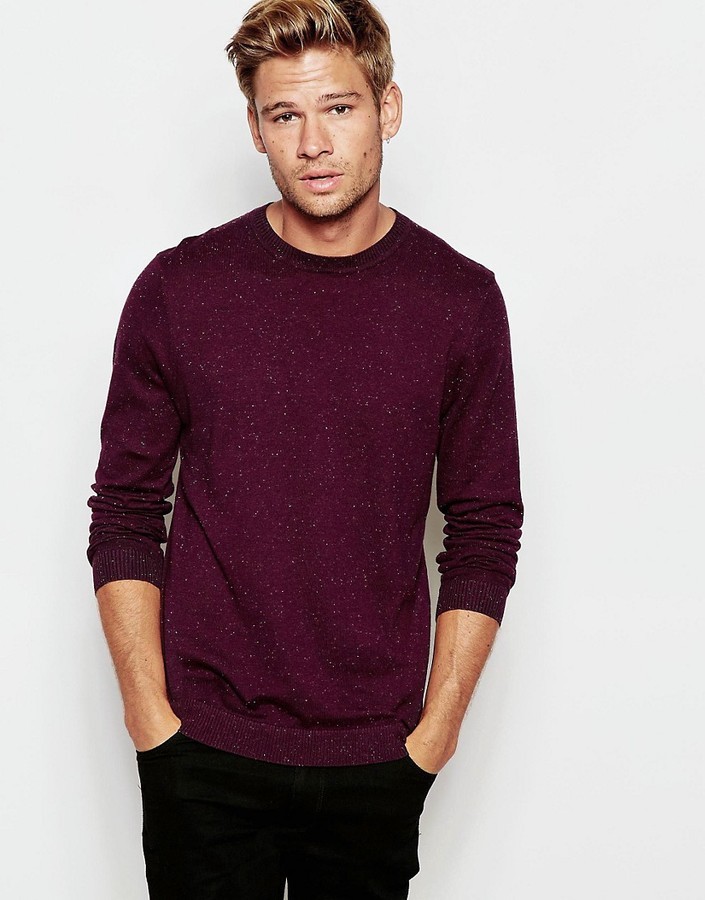 Asos Brand Crew Neck Sweater In Burgundy Nep Cotton, $30 | Asos