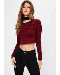 Missguided Burgundy Frill Front Long Sleeve Crop Top