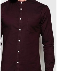 Asos Brand Skinny Oxford Shirt In Burgundy With Grandad Collar And Long Sleeves