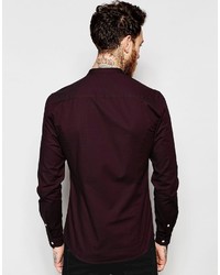 Asos Brand Skinny Oxford Shirt In Burgundy With Grandad Collar And Long Sleeves