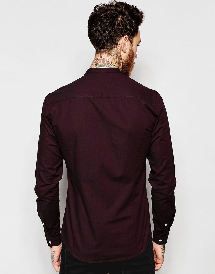 Asos Brand Skinny Oxford Shirt In Burgundy With Grandad Collar And Long ...