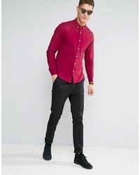 Asos Slim Casual Oxford Shirt With Stretch In Dark Pink