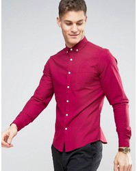 Asos Slim Casual Oxford Shirt With Stretch In Dark Pink