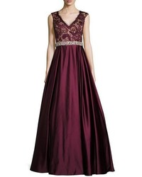Jovani Sleeveless Embellished Lace Satin Ball Gown Burgundy