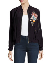 Johnny Was Alice Silk Crepe Embroidered Bomber Jacket Petite