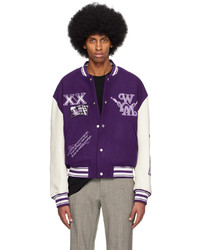 Dark Purple Embroidered Wool Bomber Jacket