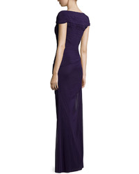 La Femme Cap Sleeve Ruched Sweetheart Gown Plum