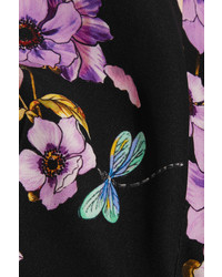 Giambattista Valli Floral Print Silk Crepe Flared Pants Purple