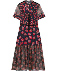 Markus Lupfer Susie Floral Print Silk Crepe De Chine And Chiffon Midi Dress Red