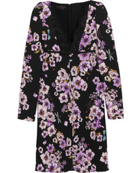 Giambattista Valli Lace Trimmed Floral Print Silk Crepe Mini Dress Purple