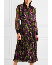 Prada Pleated Floral Print Silk Crepon Midi Dress