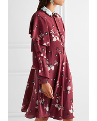 Valentino Ruffled Floral Print Silk Crepe De Chine Dress Burgundy