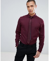 ASOS DESIGN Slim Shirt In Herringbone With Double Cuff Cutaway Collar In Burgundy