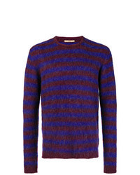 Dark Purple Horizontal Striped Fluffy Crew-neck Sweater