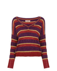 Dark Purple Horizontal Striped V-neck Sweater