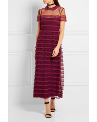 RED Valentino Redvalentino Lace Trimmed Point Desprit Tulle Dress Burgundy