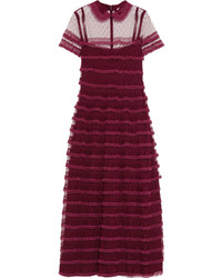 RED Valentino Redvalentino Lace Trimmed Point Desprit Tulle Dress Burgundy