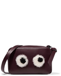Anya Hindmarch Eyes Mini Shearling Trimmed Leather Shoulder Bag Burgundy