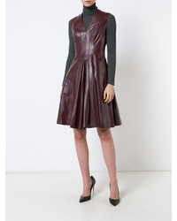 Carolina Herrera Sleeveless Leather Dress With Gathered Skirt And V Neck