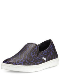 Dark Purple Leopard Leather Slip-on Sneakers