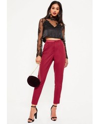 Missguided Burgundy Satin Side Stripe Tailored Crepe Cigarette Trousers