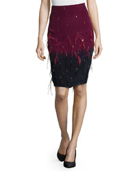 Nicole Miller Ombre Pencil Skirt With Feathers Plumwine