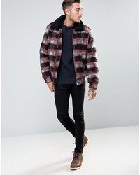 Asos Checked Bomber With Fleece Collar In Red
