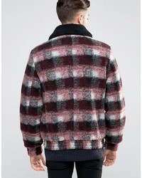 Asos Checked Bomber With Fleece Collar In Red