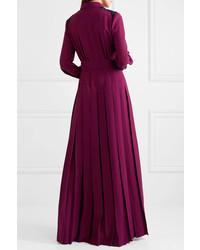 Prada Embellished Belted Pleated Crepe De Chine Gown Burgundy