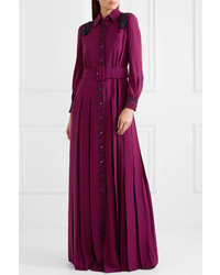 Prada Embellished Belted Pleated Crepe De Chine Gown Burgundy