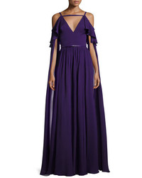Elie Saab Long Sleeve Cold Shoulder Strappy Gown Purple