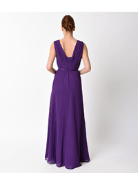 Unique Vintage Purple Belted Chiffon Long Dress