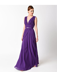 Unique Vintage Purple Belted Chiffon Long Dress