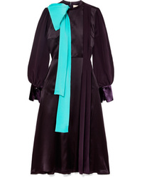 Roksanda Bow Detailed Pleated Satin And Velvet Midi Dress