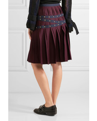 Sacai Pleated Stud Embellished Wool Mini Skirt Plum