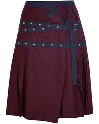 Sacai Pleated Stud Embellished Wool Mini Skirt Plum