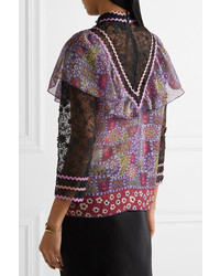 Anna Sui Embroidered Tulle And Printed Silk Blend Chiffon Blouse Purple