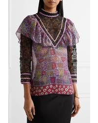 Anna Sui Embroidered Tulle And Printed Silk Blend Chiffon Blouse Purple