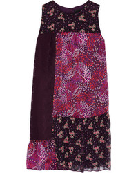 Anna Sui Printed Patchwork Silk Satin Chiffon And Lace Mini Dress Dark Purple