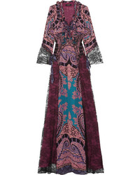 Etro Lace Paneled Printed Silk Crepe De Chine Maxi Dress Purple