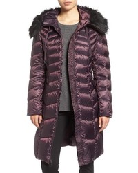 Tahari Emma Quilted Down Feather Coat With Faux Fur Trim